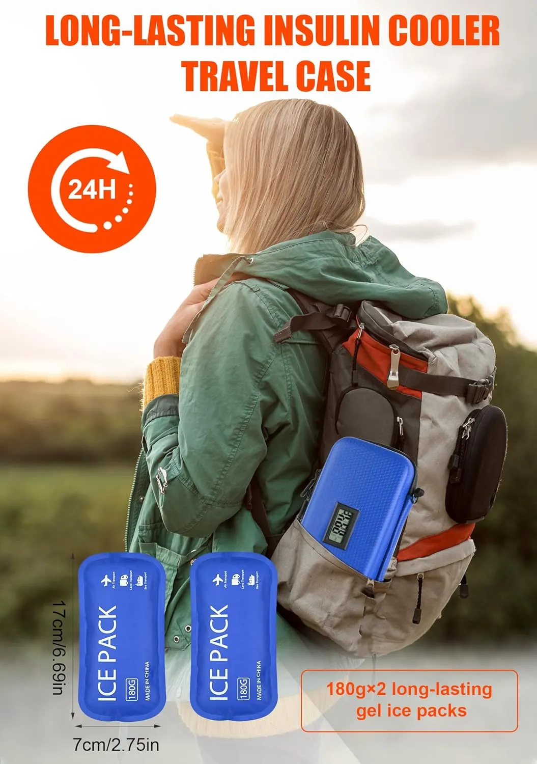 Insulin Cooler Travel Case TSA Approved, Portable Diabetes Travel Case with Digital Thermometer & 2 Ice Packs, Refrigerated Medicine Cooling Bag for Insulin Pens, Vials (Blue)