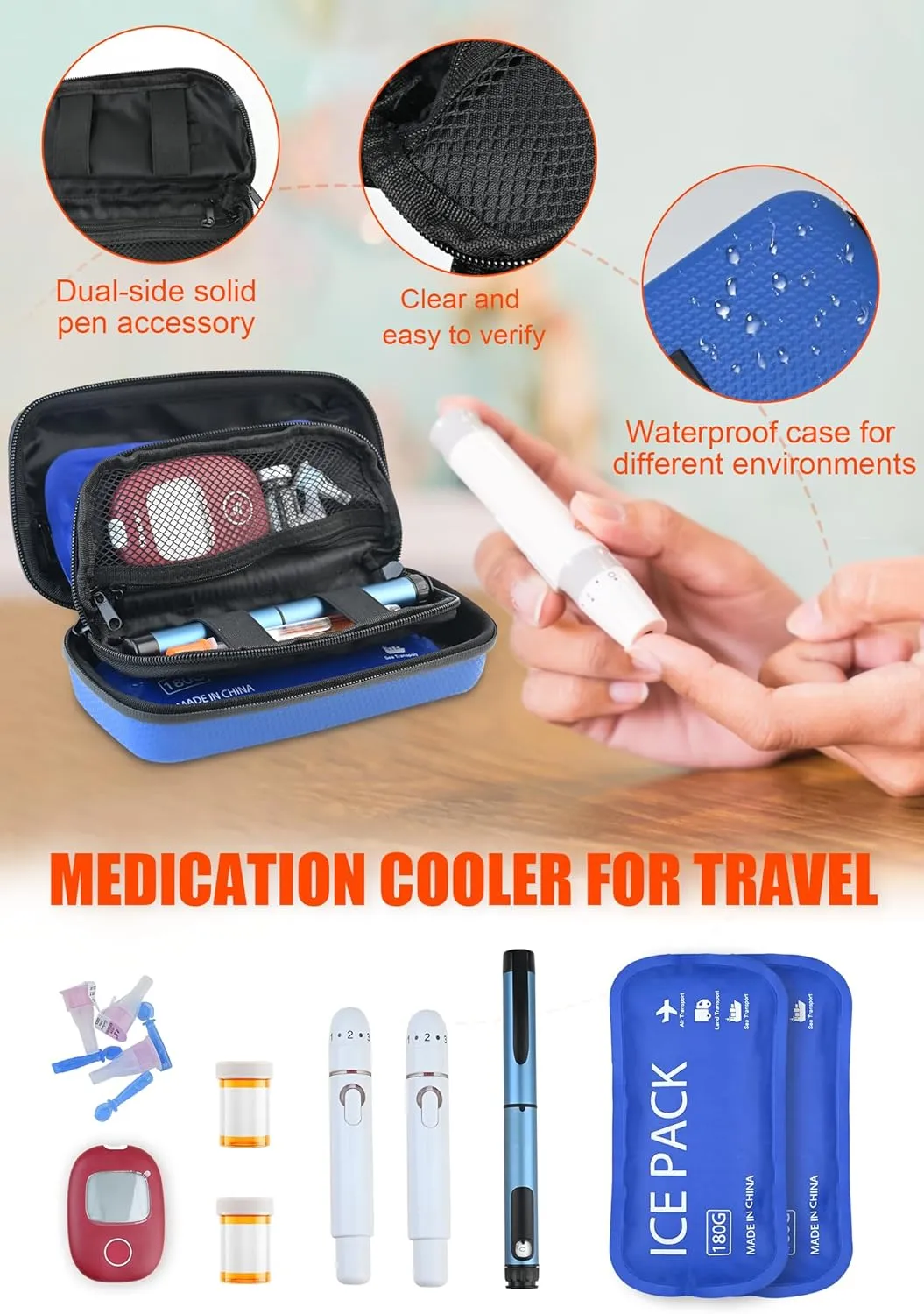 Insulin Cooler Travel Case TSA Approved, Portable Diabetes Travel Case with Digital Thermometer & 2 Ice Packs, Refrigerated Medicine Cooling Bag for Insulin Pens, Vials (Blue)