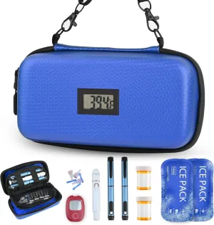 Insulin Cooler Travel Case TSA Approved, Portable Diabetes Travel Case with Digital Thermometer & 2 Ice Packs, Refrigerated Medicine Cooling Bag for Insulin Pens, Vials (Blue)