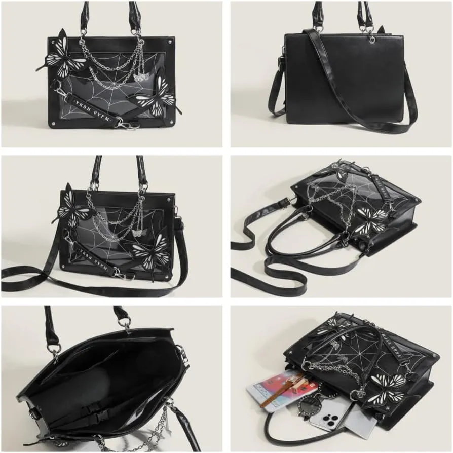 Ita Bag Pins Display Handbag for Women Butterfly Single Shoulder Bag Crossbody Bag with Pins and Accessories Tote bag (Black red)
