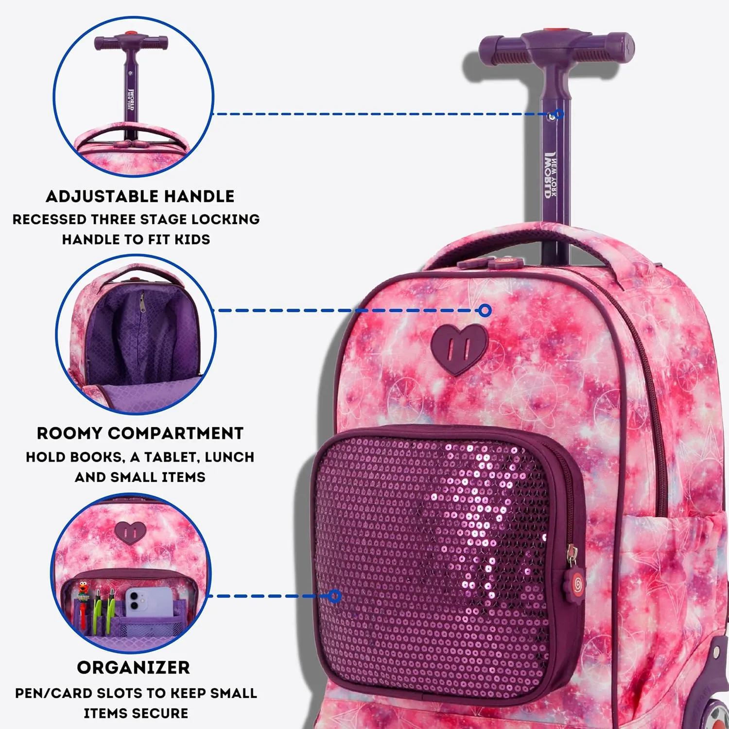 J World New York Kids' Sparkle Rolling Backpack