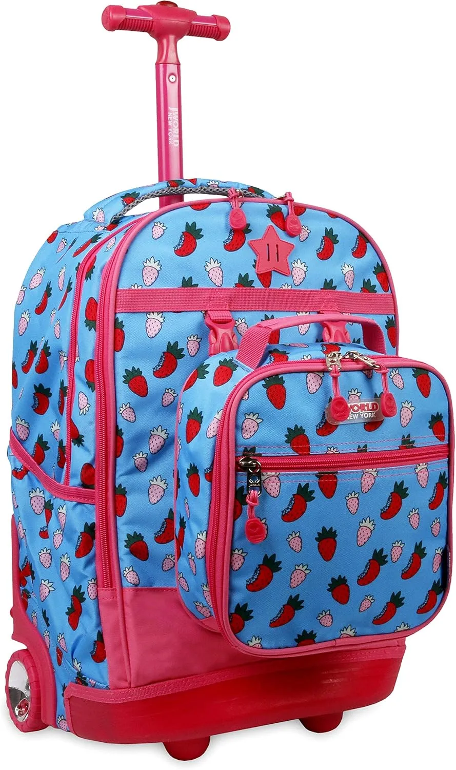 J World New York Unisex Kid's Duo Rolling Backpack with Lunch Box Set, Strawberry, One Size