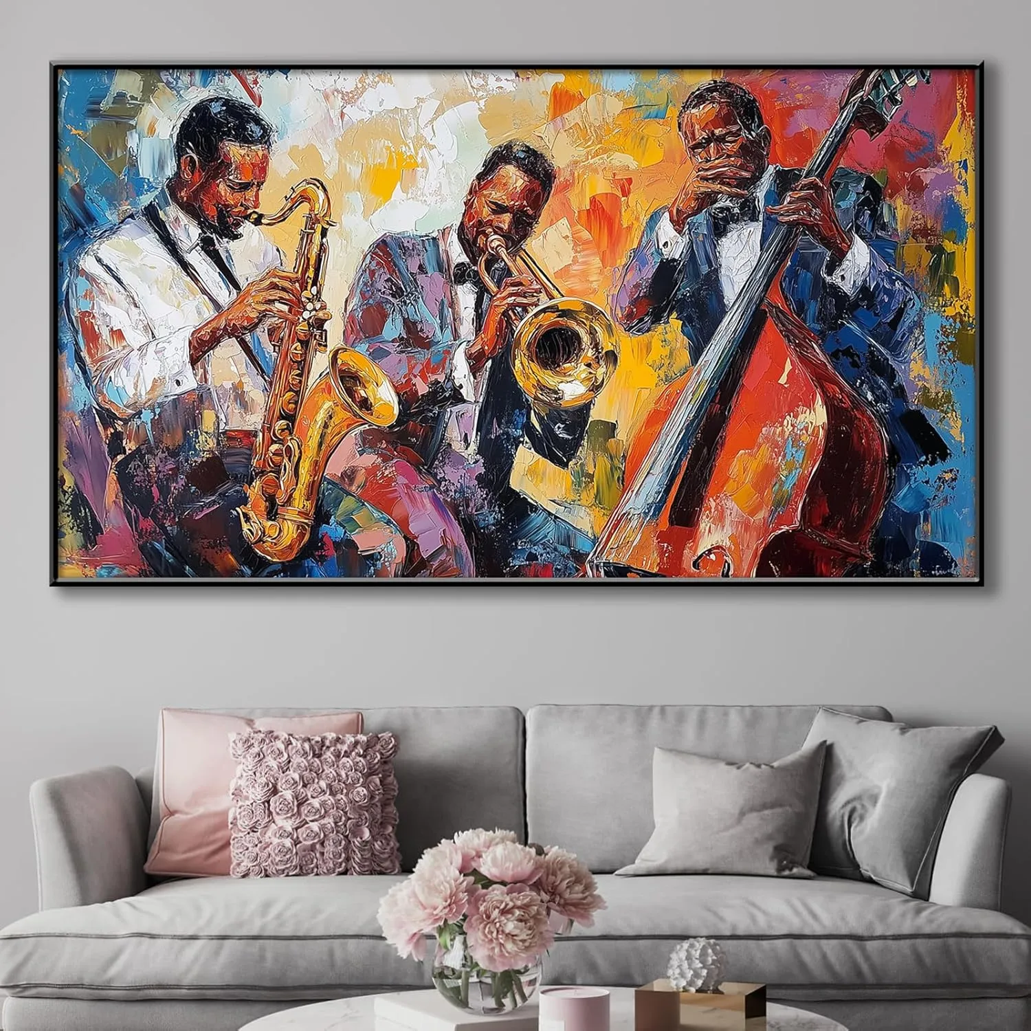 Jazz Canvas Wall Art, Abstract Jazz Colorful Music Painting Print, African American Jazz Wall Decor Picture, Music Wall Art, Jazz Band Poster, Music Lovers Gift (Gold Framed, 69x39in|174x98cm)