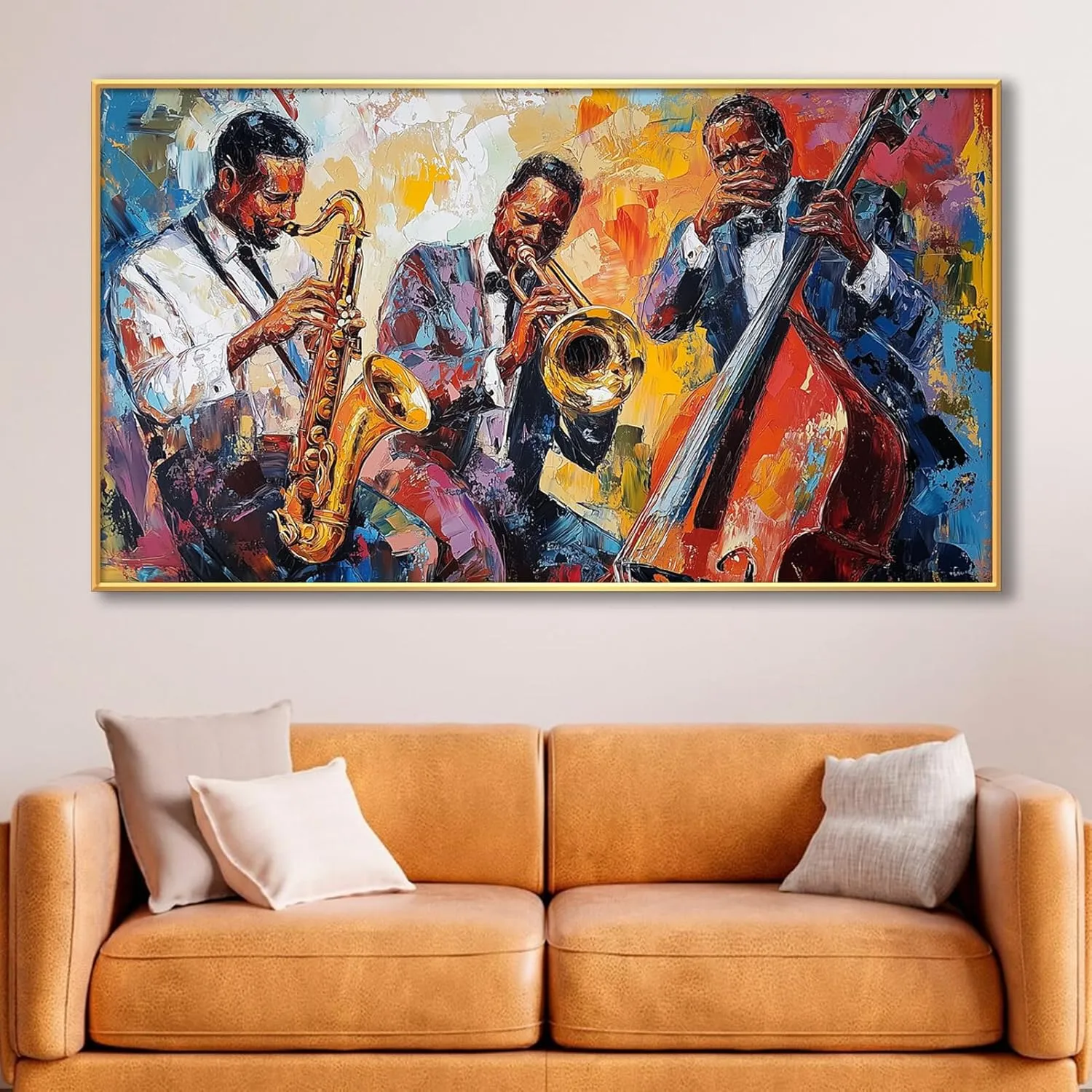 Jazz Canvas Wall Art, Abstract Jazz Colorful Music Painting Print, African American Jazz Wall Decor Picture, Music Wall Art, Jazz Band Poster, Music Lovers Gift (Gold Framed, 69x39in|174x98cm)
