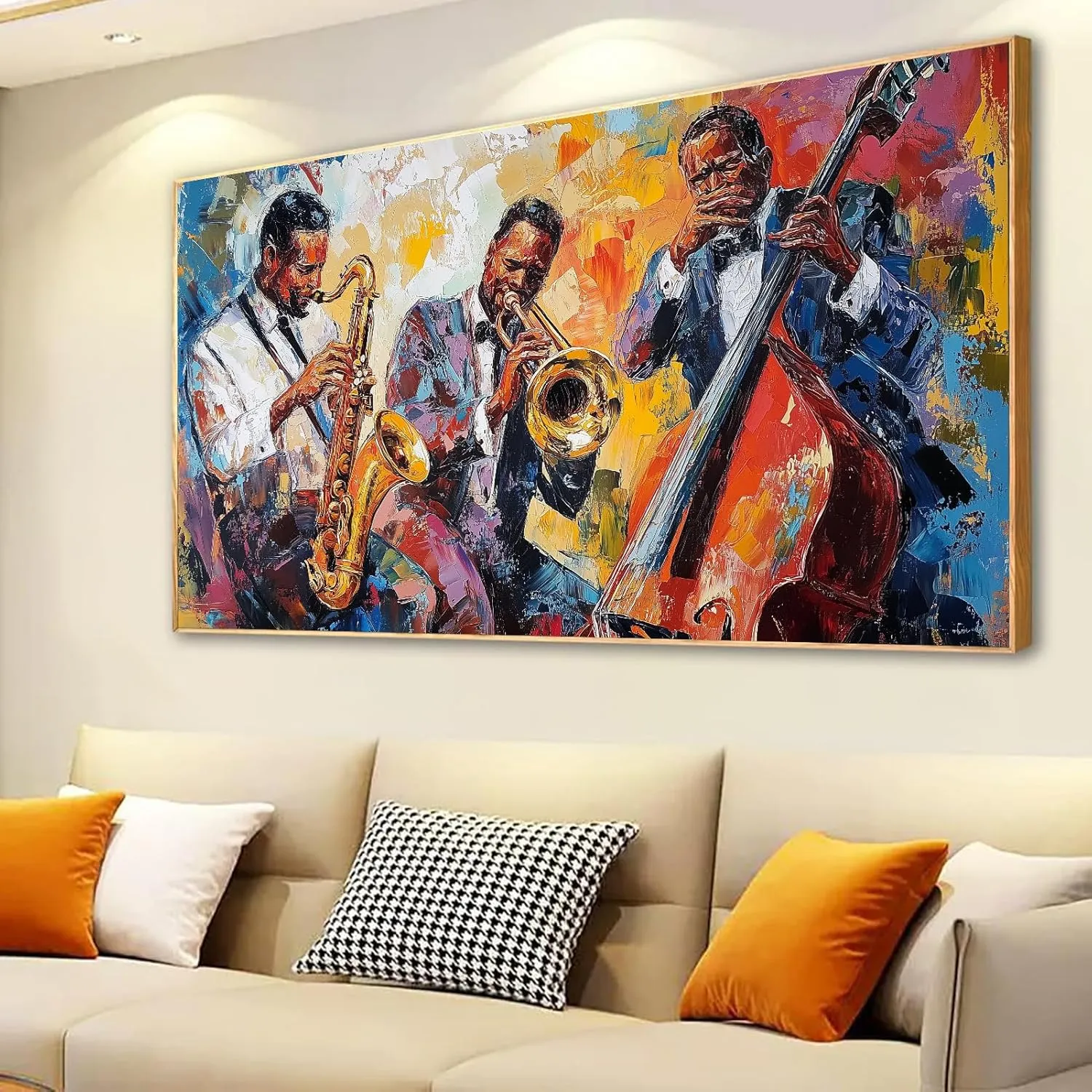 Jazz Canvas Wall Art, Abstract Jazz Colorful Music Painting Print, African American Jazz Wall Decor Picture, Music Wall Art, Jazz Band Poster, Music Lovers Gift (Gold Framed, 69x39in|174x98cm)