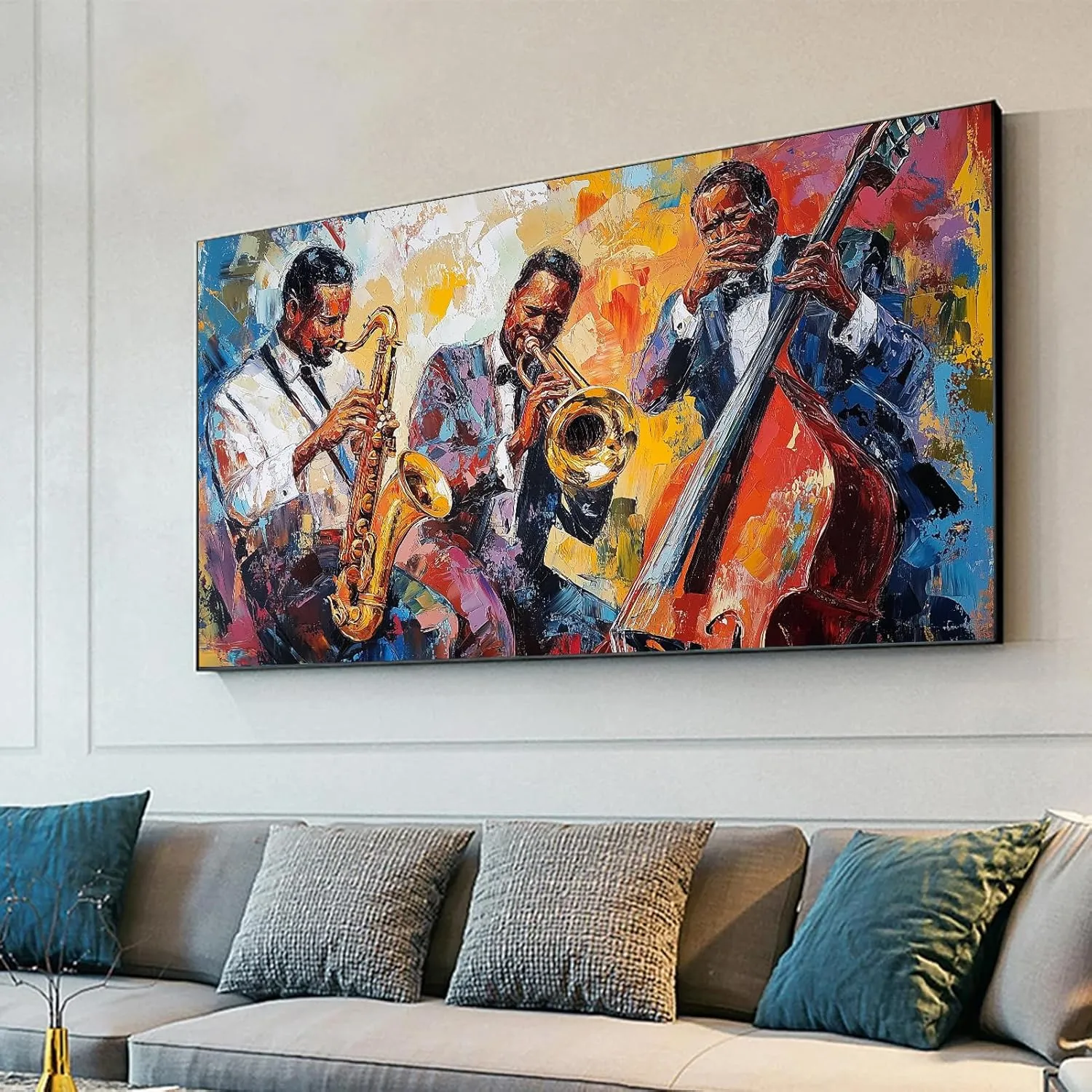 Jazz Canvas Wall Art, Abstract Jazz Colorful Music Painting Print, African American Jazz Wall Decor Picture, Music Wall Art, Jazz Band Poster, Music Lovers Gift (Gold Framed, 69x39in|174x98cm)