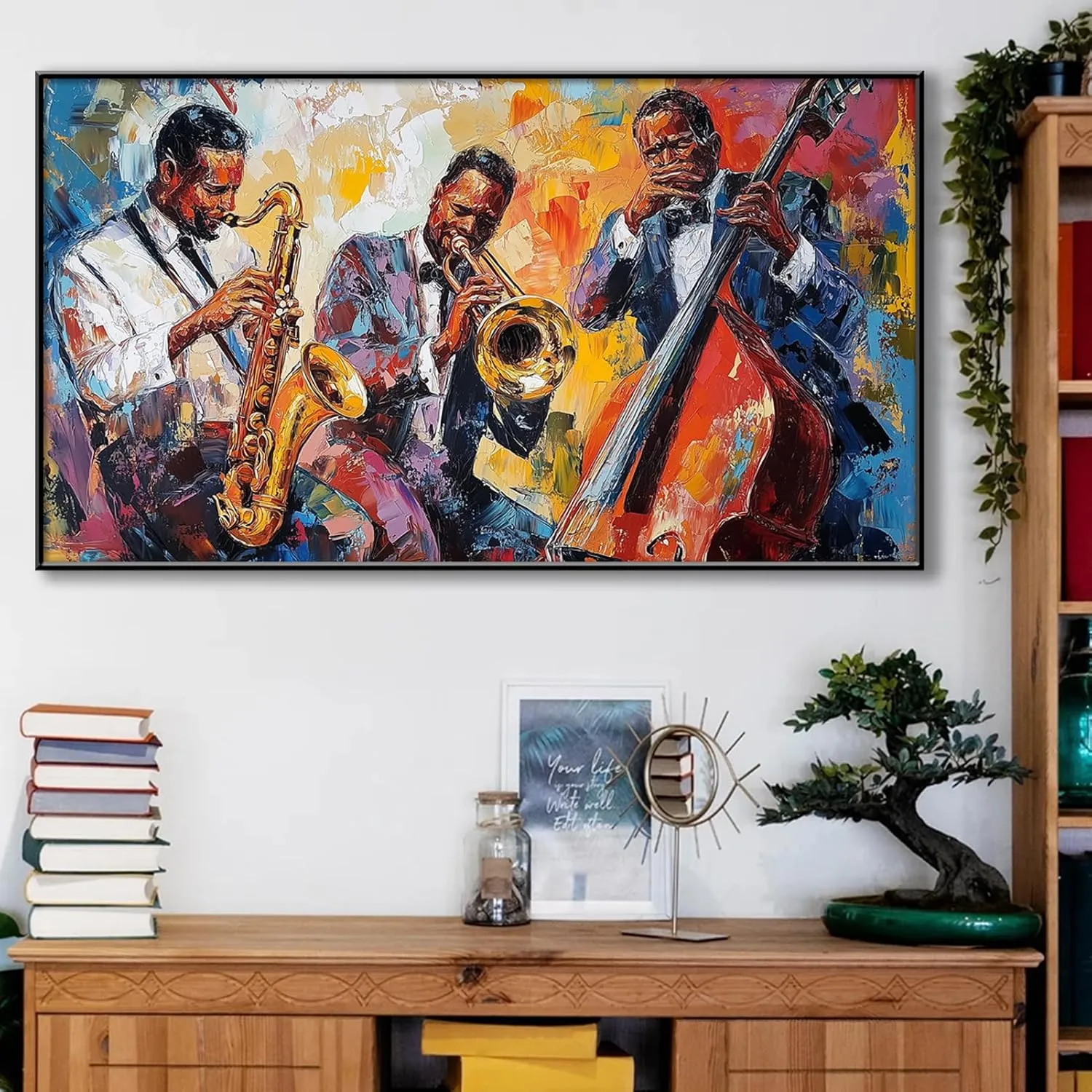 Jazz Canvas Wall Art, Abstract Jazz Colorful Music Painting Print, African American Jazz Wall Decor Picture, Music Wall Art, Jazz Band Poster, Music Lovers Gift (Gold Framed, 69x39in|174x98cm)
