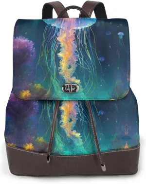 Jellyfish Ocean Print Genuine Leather Backpack,Fashionable Ladies Shoulder Bag For All Occasions