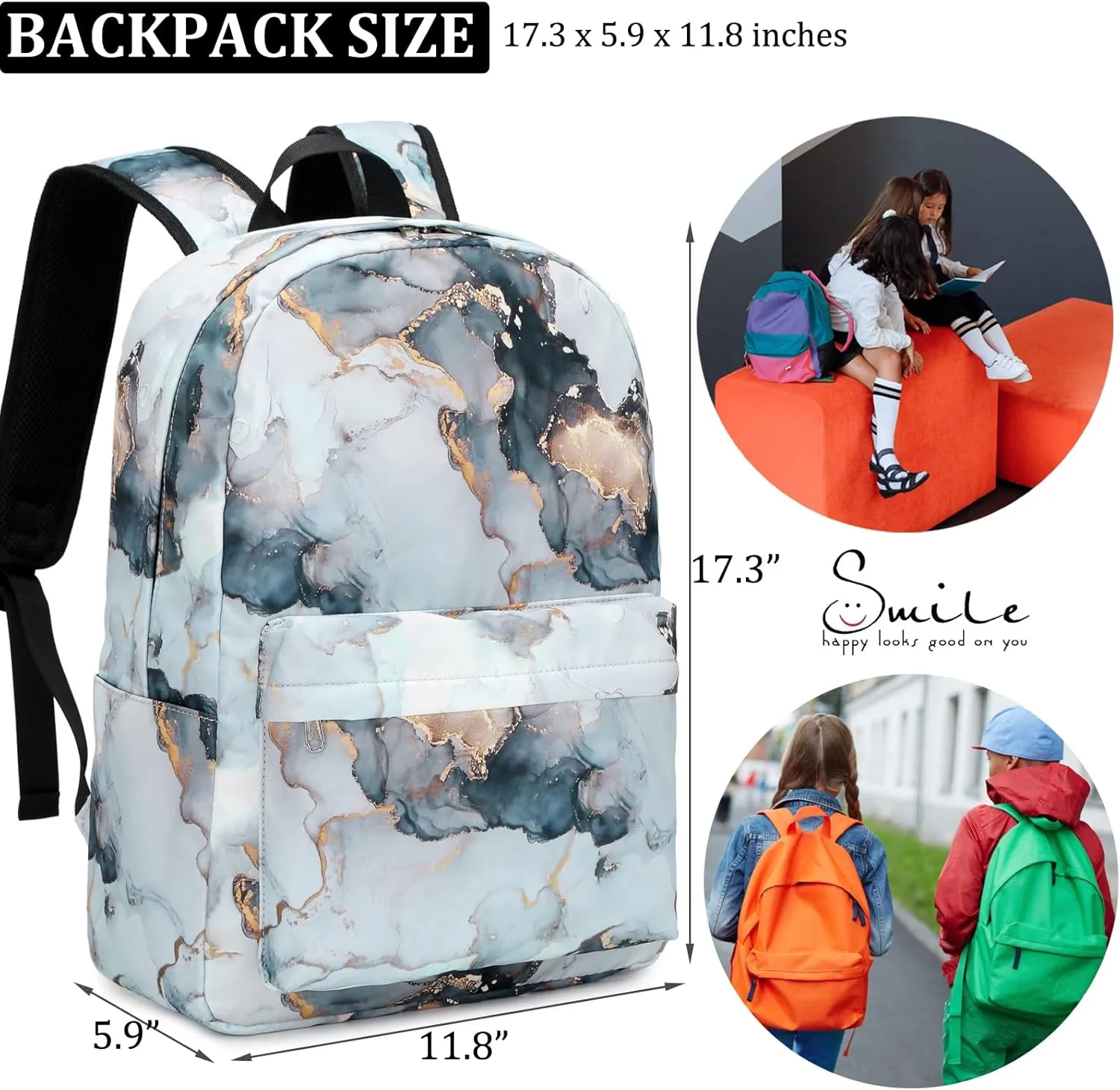 JIANYA Backpacks for Girls, Marble Girls Backpack with Lunch Box Kids School Bag Travel Back Packs