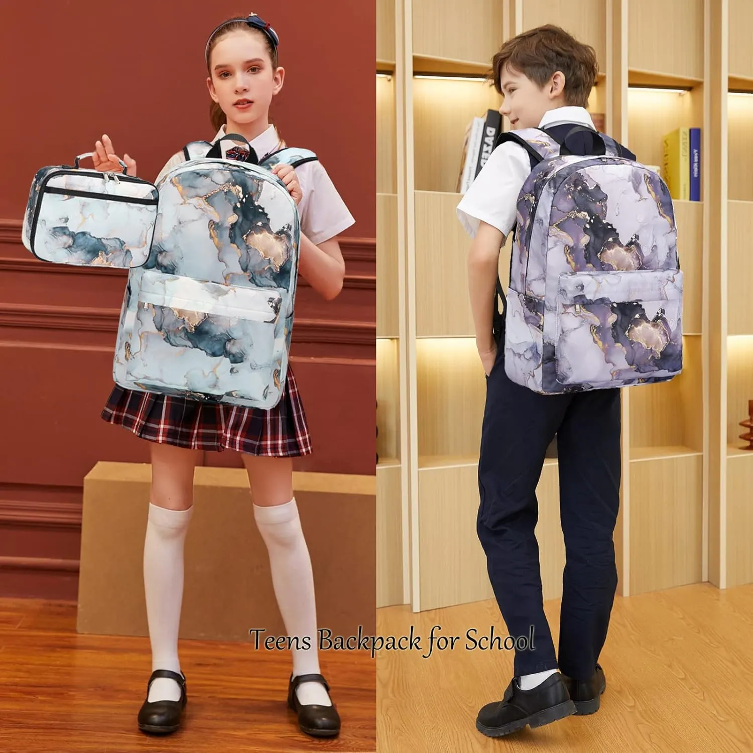 JIANYA Backpacks for Girls, Marble Girls Backpack with Lunch Box Kids School Bag Travel Back Packs