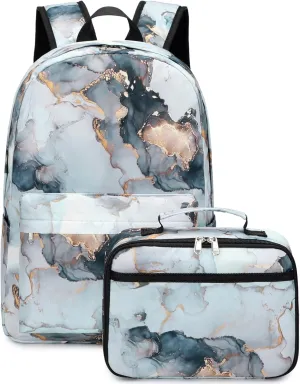 JIANYA Backpacks for Girls, Marble Girls Backpack with Lunch Box Kids School Bag Travel Back Packs