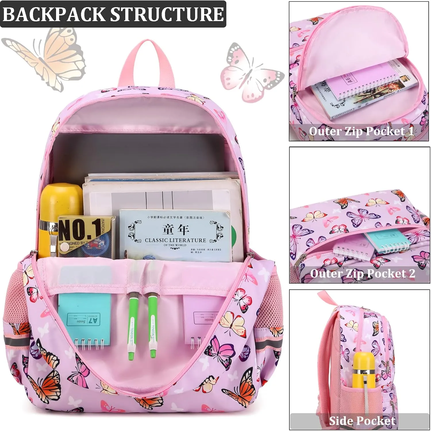 JIANYA Girls Backpack for School Elementary Kids Bookbag School Bag with Lunch Box, Butterfly Pink