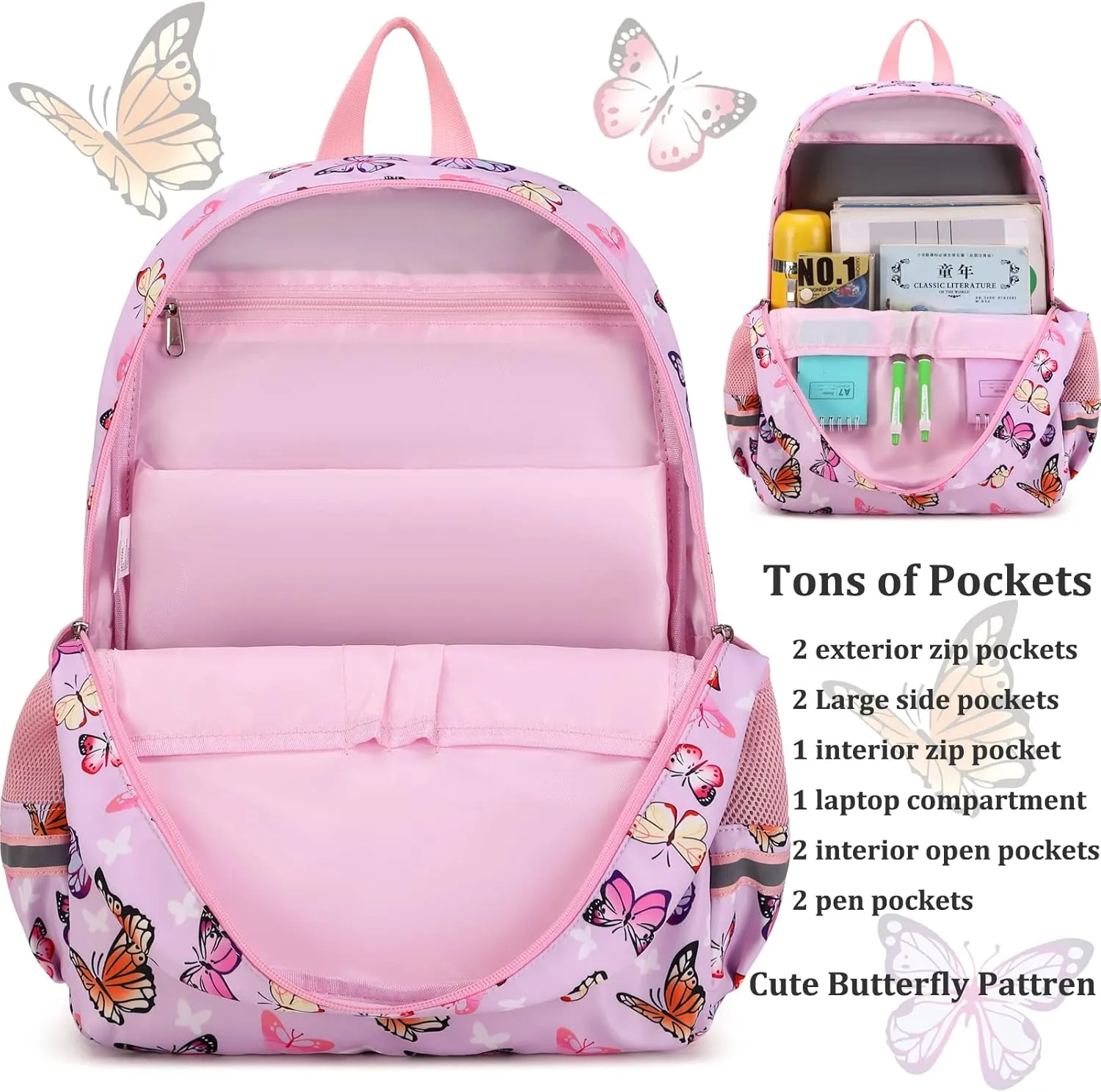 JIANYA Girls Backpack for School Elementary Kids Bookbag School Bag with Lunch Box, Butterfly Pink