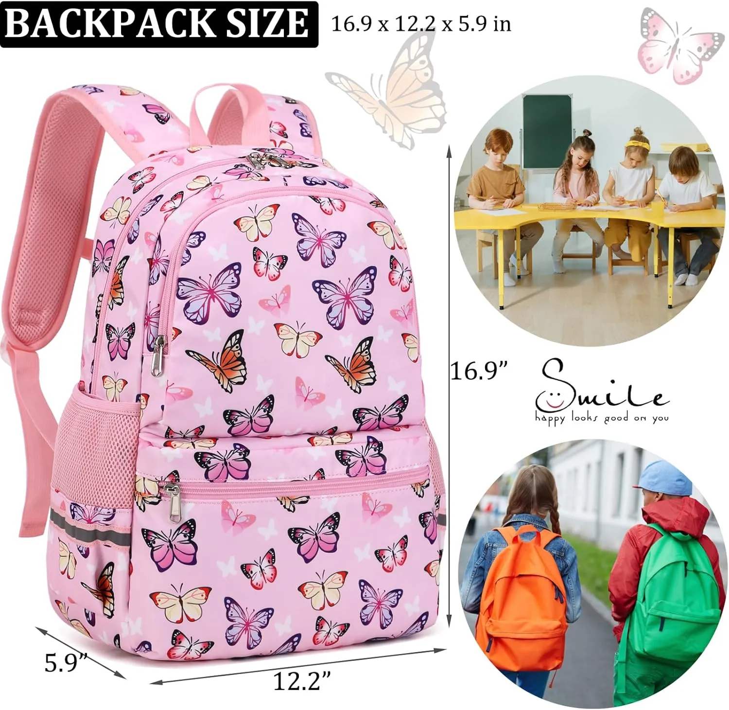 JIANYA Girls Backpack for School Elementary Kids Bookbag School Bag with Lunch Box, Butterfly Pink