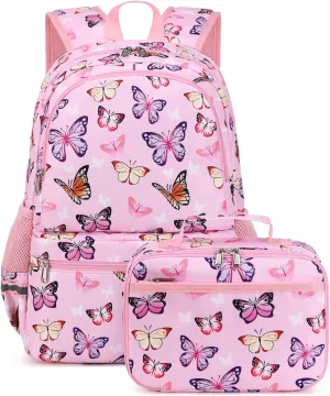 JIANYA Girls Backpack for School Elementary Kids Bookbag School Bag with Lunch Box, Butterfly Pink
