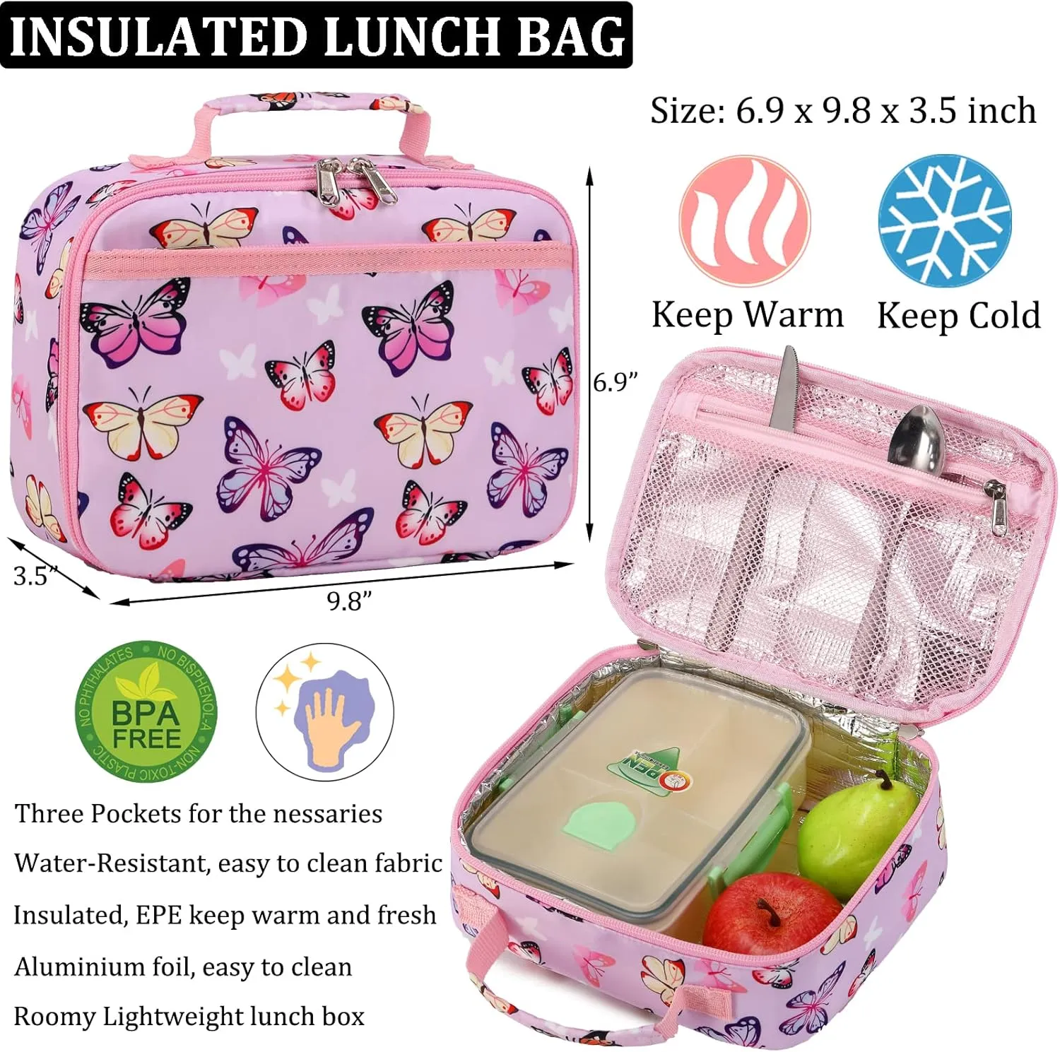 JIANYA Girls Backpack for School Elementary Kids Bookbag School Bag with Lunch Box, Butterfly Pink