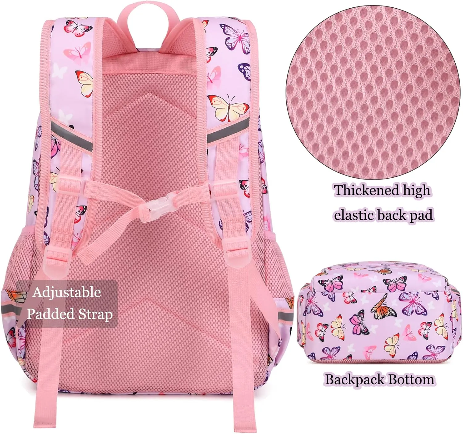 JIANYA Girls Backpack for School Elementary Kids Bookbag School Bag with Lunch Box, Butterfly Pink