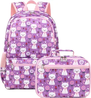 JIANYA Girls Backpack for School, Girls School Bag Elementary Kids Backpack with Lunch Box, Cat/Purple