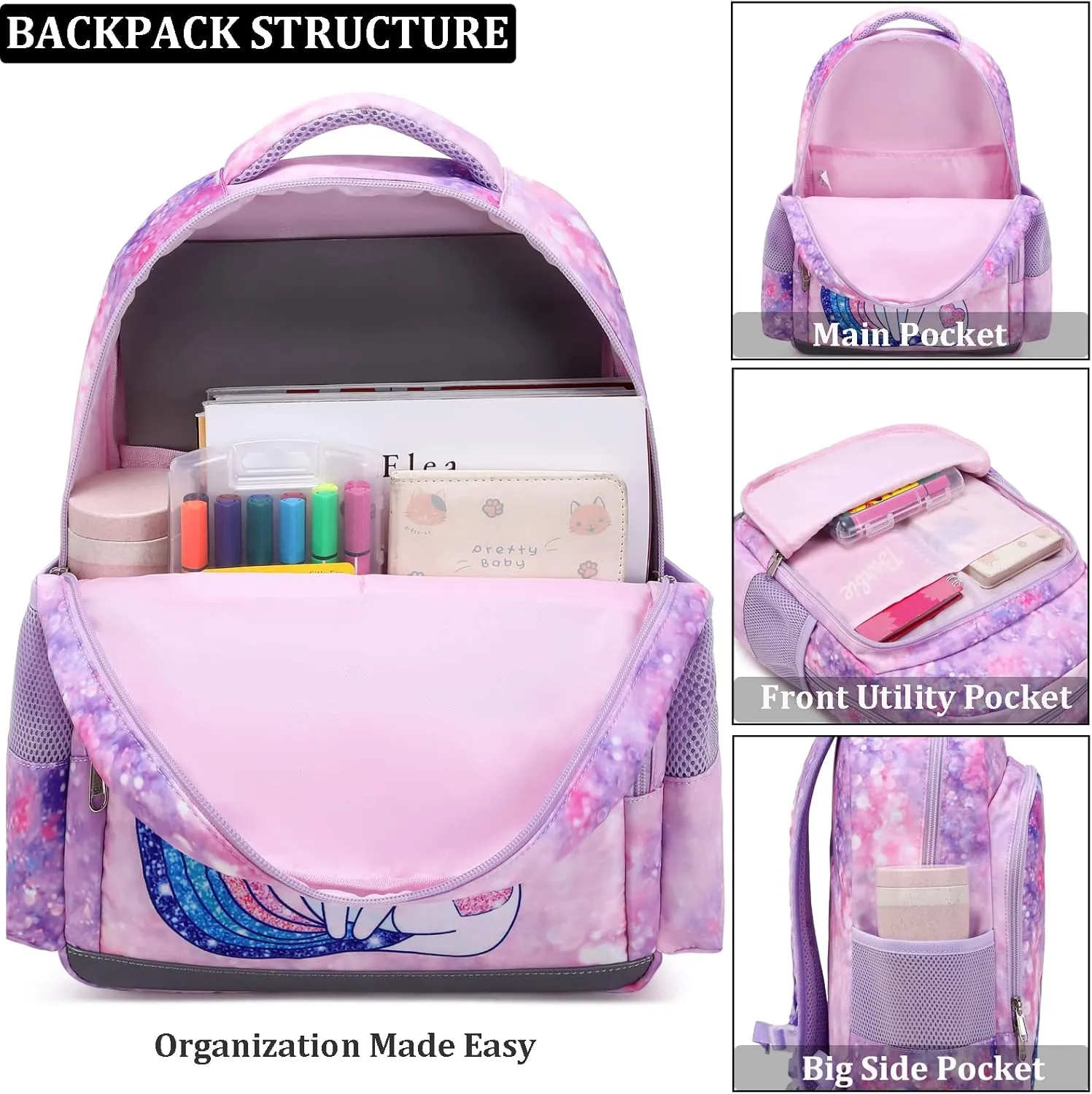JIANYA Kids Backpack for School Girls Preschool Kindergarten Backpack with Lunch Box & Chest Strap, 15" Tall