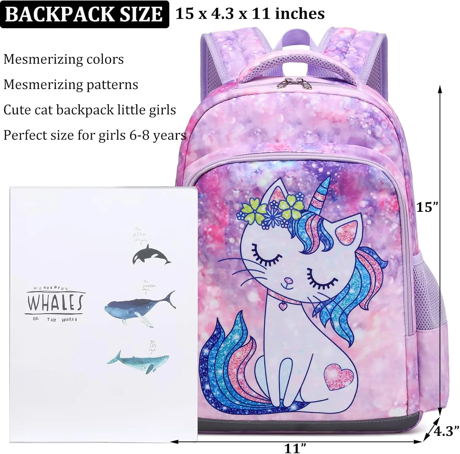 JIANYA Kids Backpack for School Girls Preschool Kindergarten Backpack with Lunch Box & Chest Strap, 15" Tall