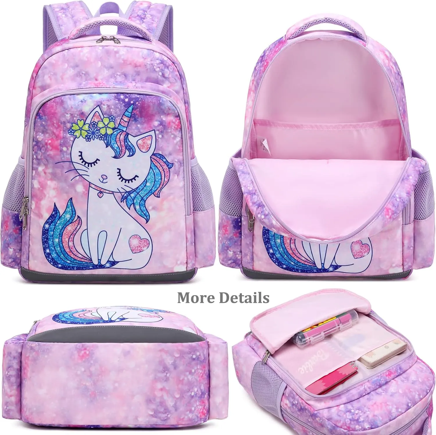 JIANYA Kids Backpack for School Girls Preschool Kindergarten Backpack with Lunch Box & Chest Strap, 15" Tall