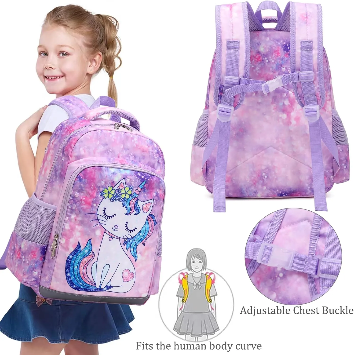JIANYA Kids Backpack for School Girls Preschool Kindergarten Backpack with Lunch Box & Chest Strap, 15" Tall