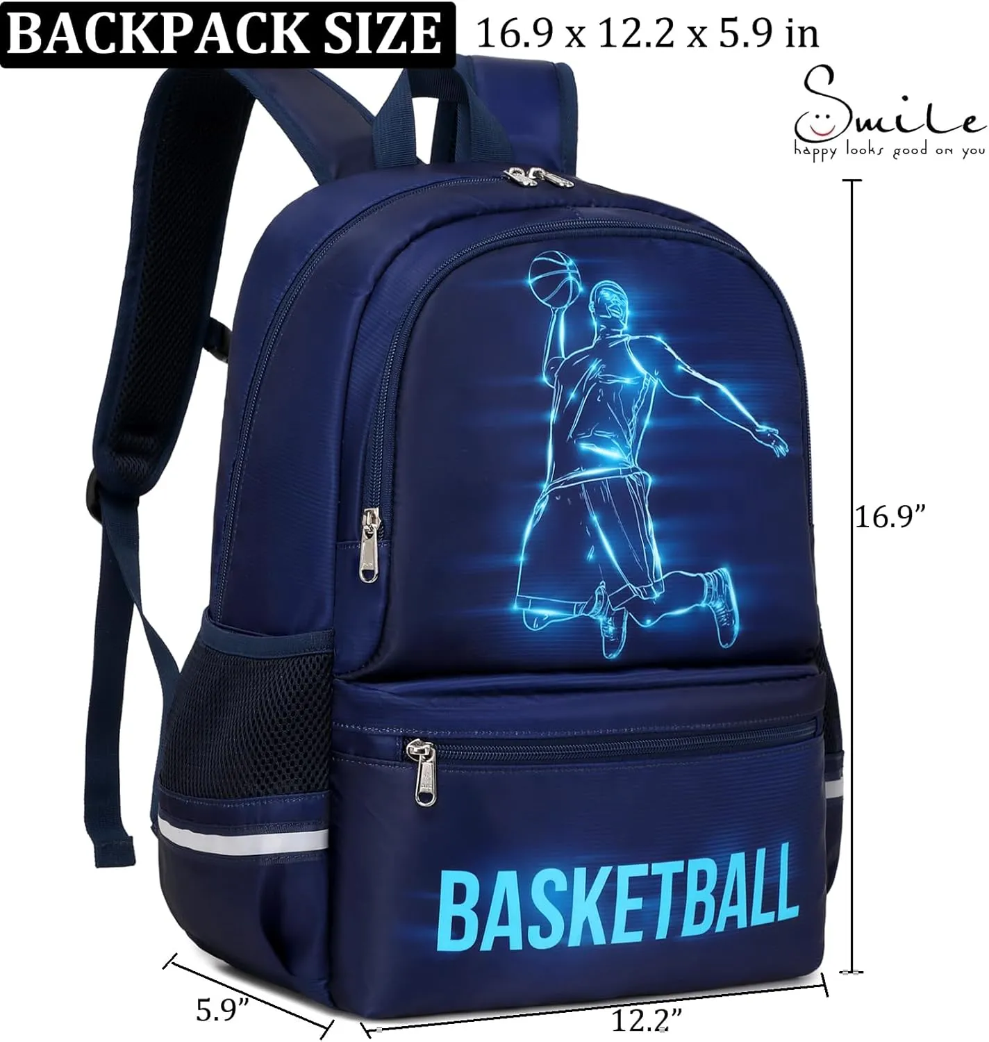 JIANYA School Backpack for Boys, Basketball Themed Backpack with Lunch Box Elementary Kids School Bag Travel Back Pack Blue Bookbag for Boy