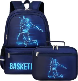 JIANYA School Backpack for Boys, Basketball Themed Backpack with Lunch Box Elementary Kids School Bag Travel Back Pack Blue Bookbag for Boy