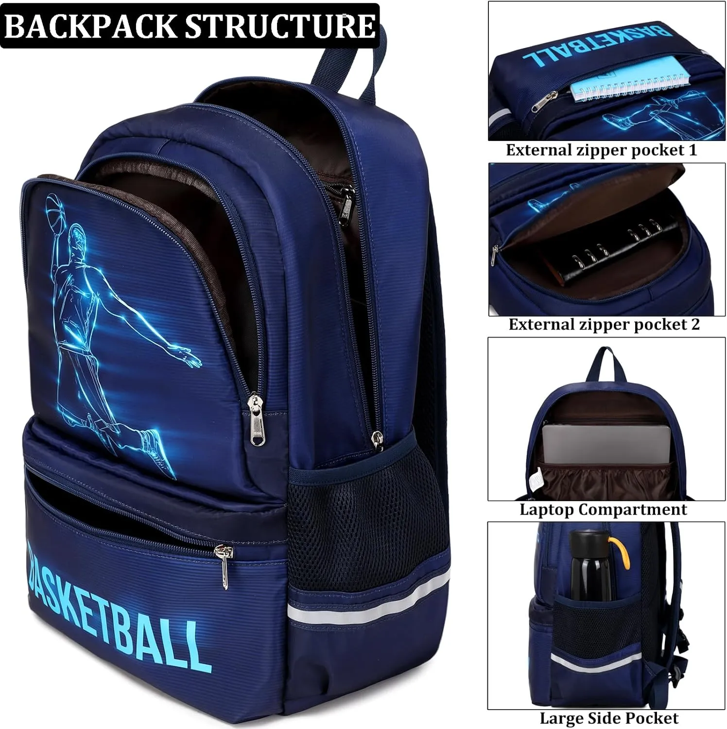 JIANYA School Backpack for Boys, Basketball Themed Backpack with Lunch Box Elementary Kids School Bag Travel Back Pack Blue Bookbag for Boy