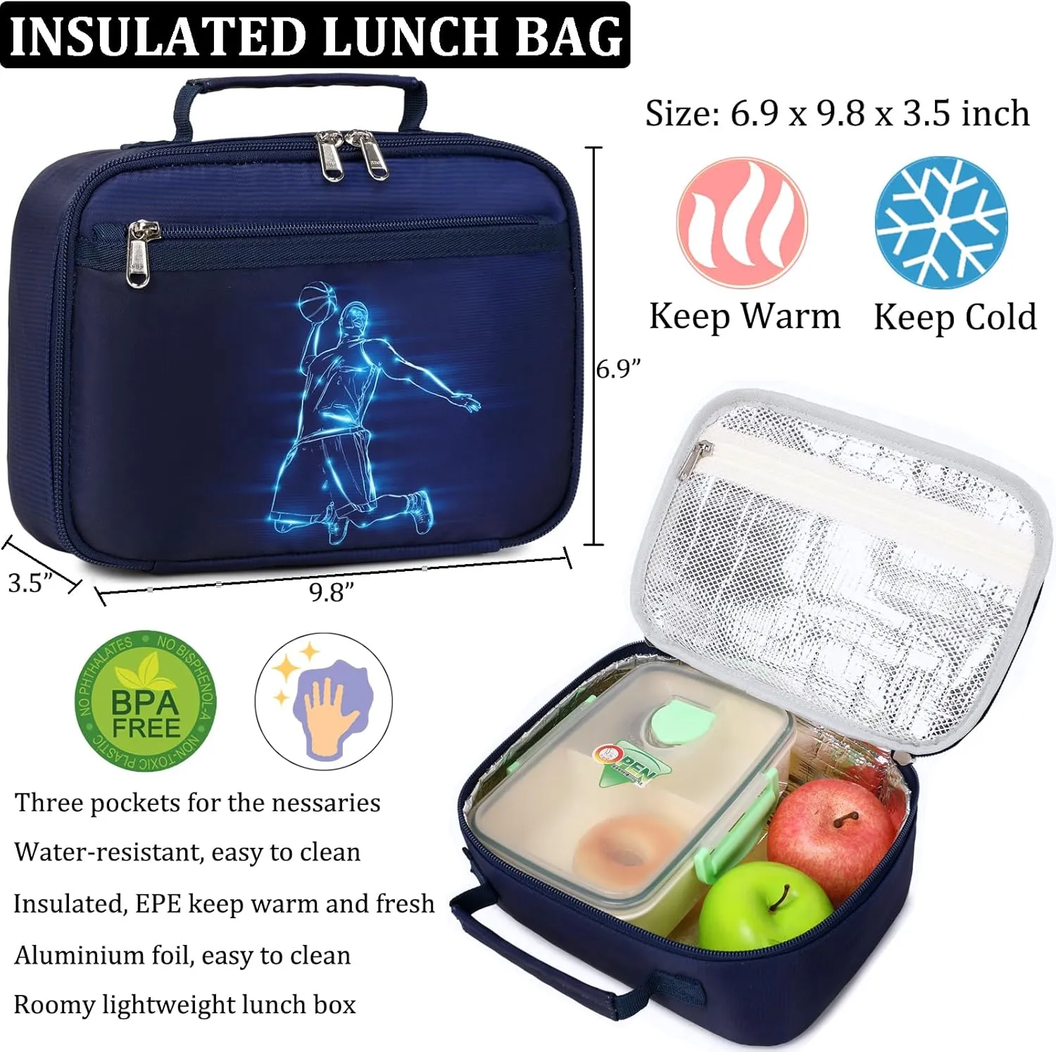 JIANYA School Backpack for Boys, Basketball Themed Backpack with Lunch Box Elementary Kids School Bag Travel Back Pack Blue Bookbag for Boy