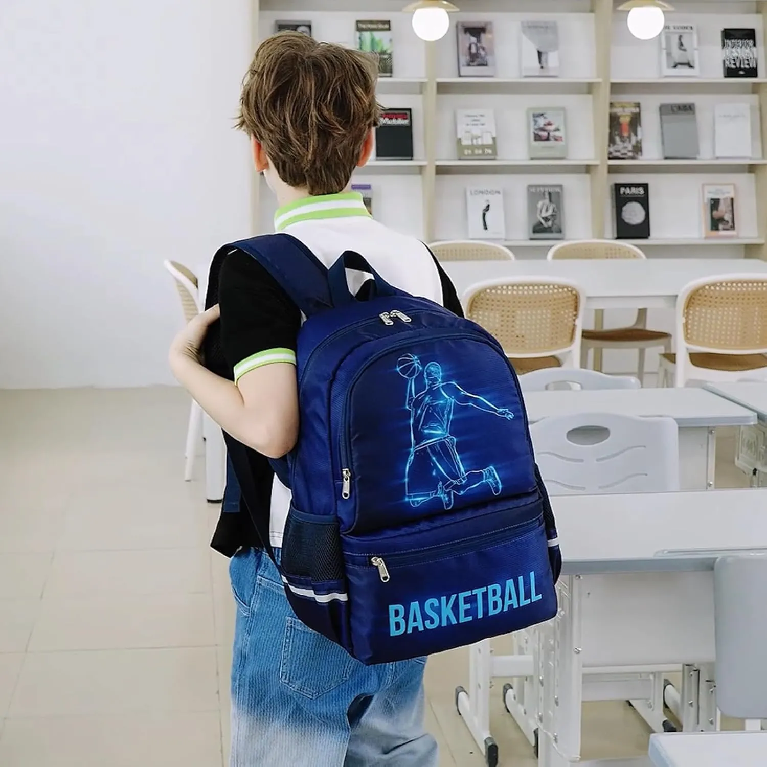 JIANYA School Backpack for Boys, Basketball Themed Backpack with Lunch Box Elementary Kids School Bag Travel Back Pack Blue Bookbag for Boy