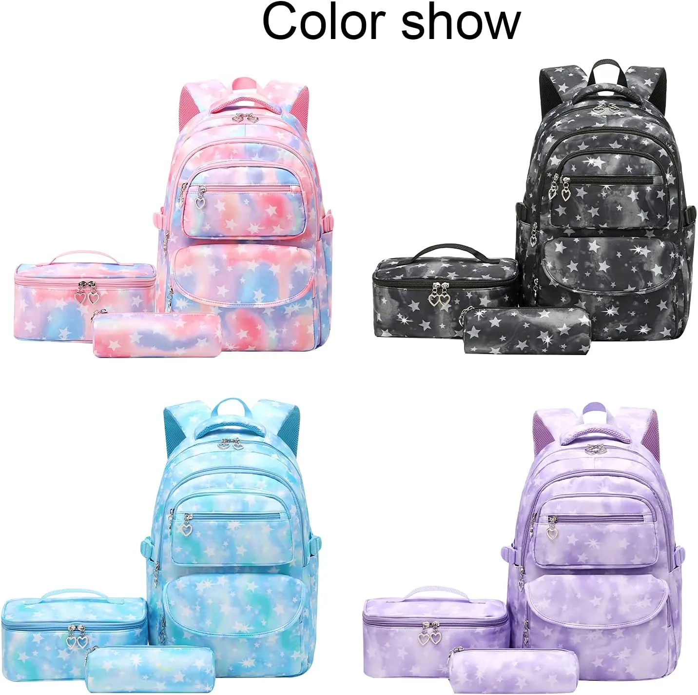 JiaYou School Backpack Sets 3pcs Stars Prints Daypack For Teens Girls Primary School Students(Black Stars,22 Liters)