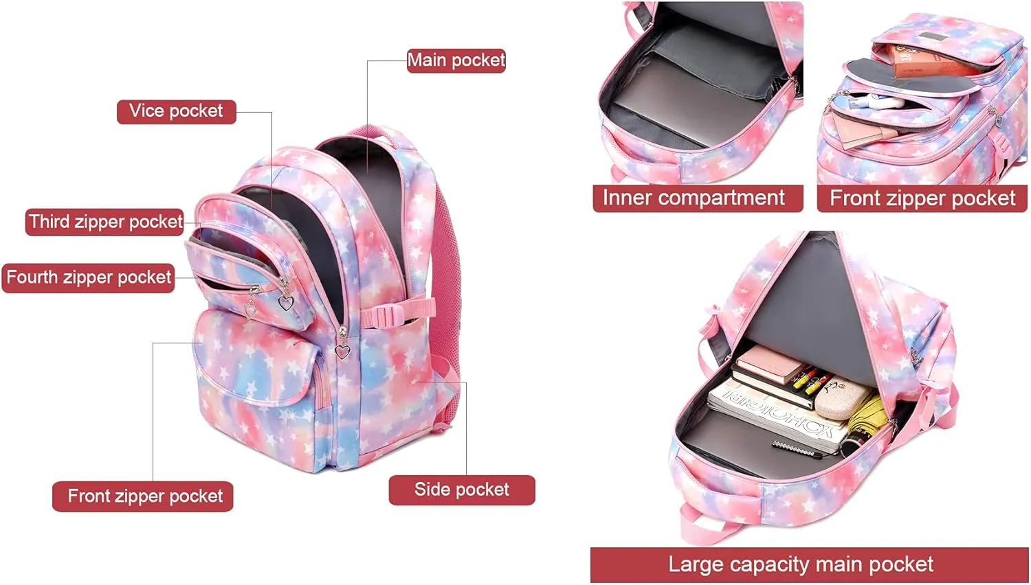 JiaYou School Backpack Sets 3pcs Stars Prints Daypack For Teens Girls Primary School Students(Black Stars,22 Liters)