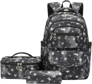 JiaYou School Backpack Sets 3pcs Stars Prints Daypack For Teens Girls Primary School Students(Black Stars,22 Liters)