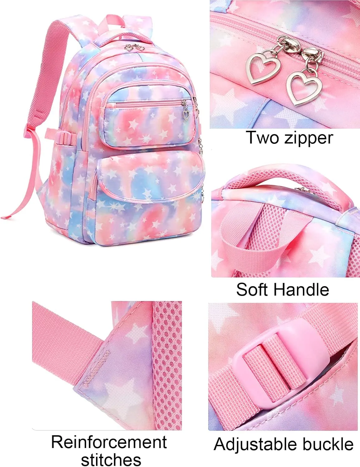 JiaYou School Backpack Sets 3pcs Stars Prints Daypack For Teens Girls Primary School Students(Black Stars,22 Liters)