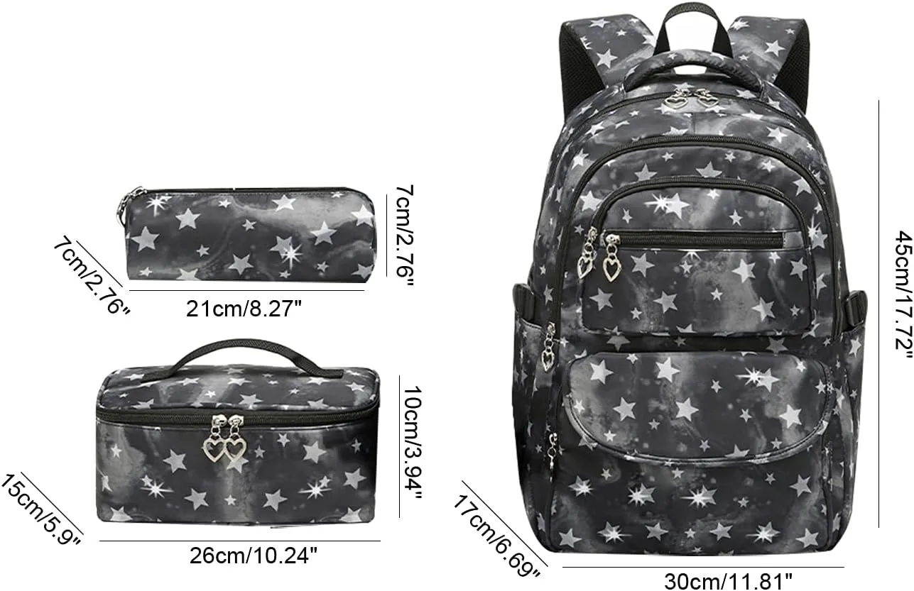 JiaYou School Backpack Sets 3pcs Stars Prints Daypack For Teens Girls Primary School Students(Black Stars,22 Liters)