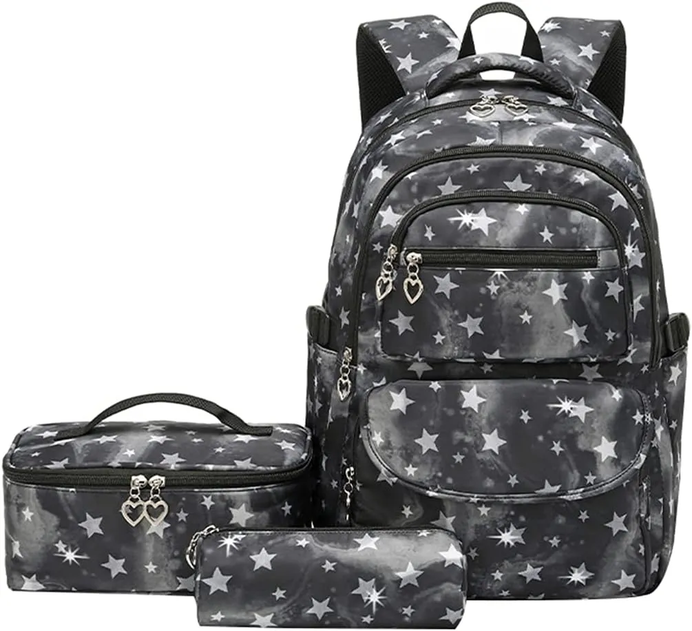 JiaYou School Backpack Sets 3pcs Stars Prints Daypack For Teens Girls Primary School Students(Black Stars,22 Liters)