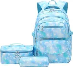 JiaYou School Backpack Sets 3pcs Stars Prints Daypack For Teens Girls Primary School Students(Blue Stars,22 Liters)