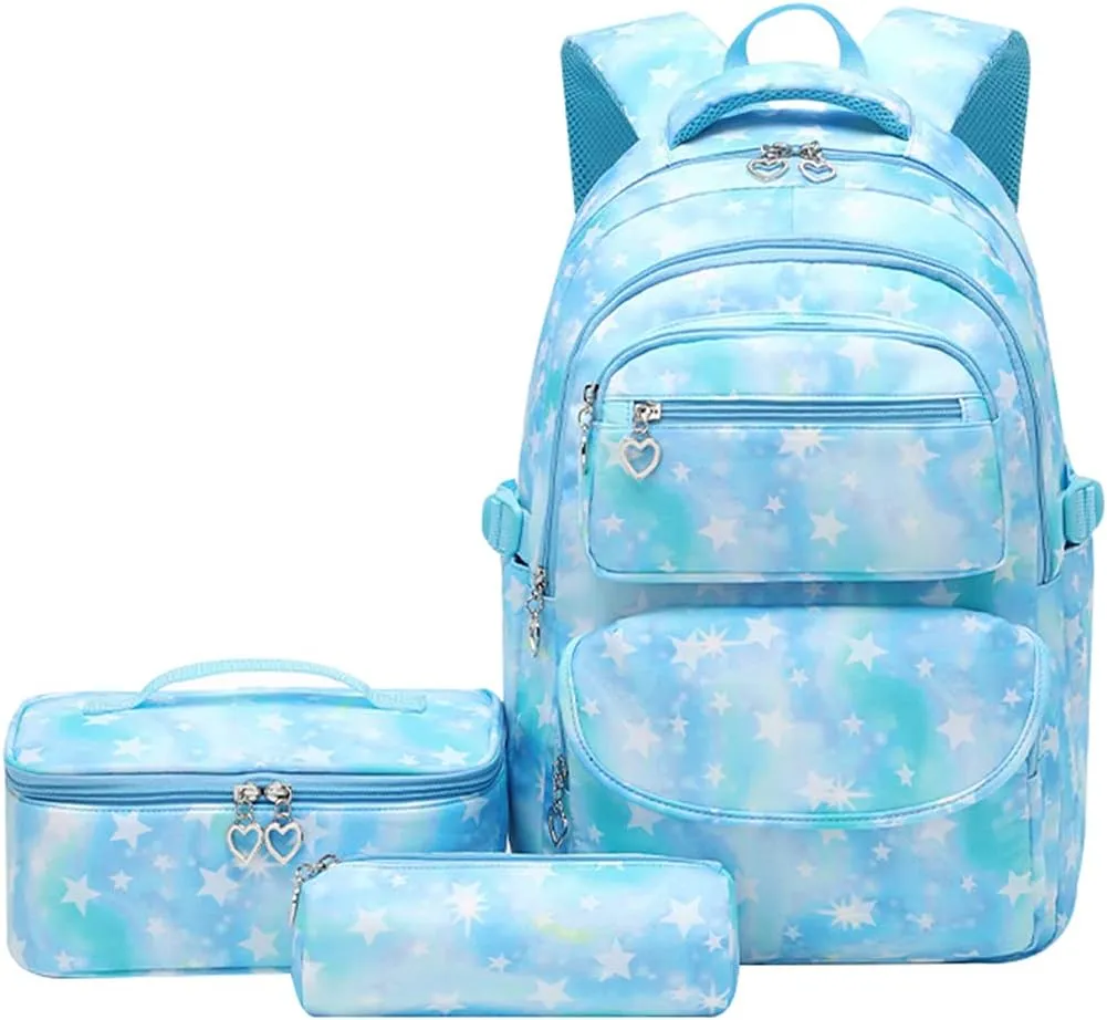 JiaYou School Backpack Sets 3pcs Stars Prints Daypack For Teens Girls Primary School Students(Blue Stars,22 Liters)