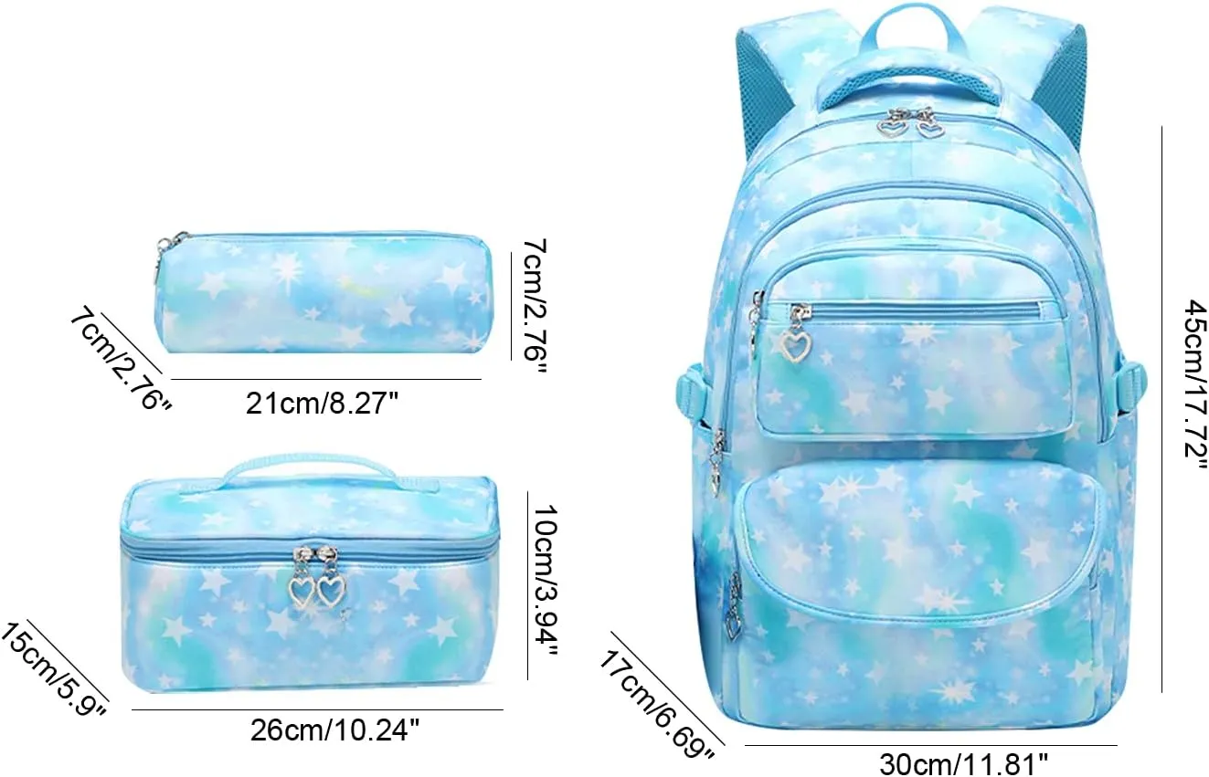 JiaYou School Backpack Sets 3pcs Stars Prints Daypack For Teens Girls Primary School Students(Blue Stars,22 Liters)