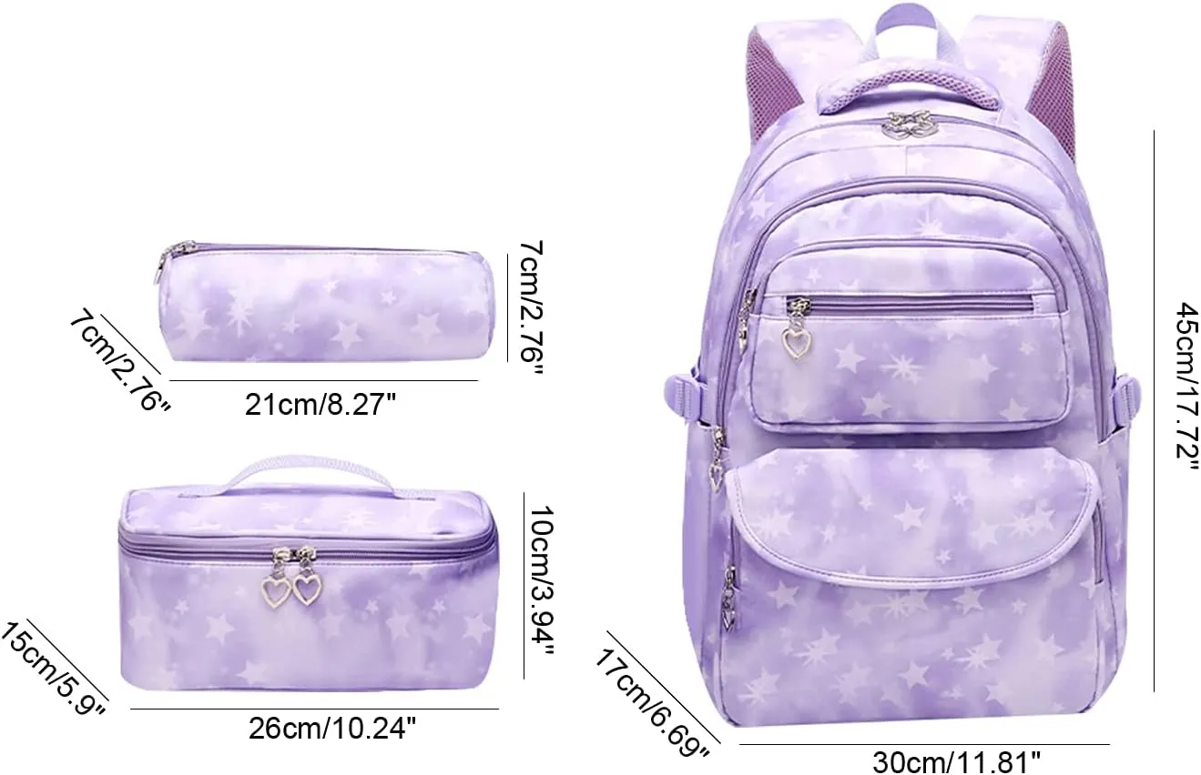 JiaYou School Backpack Sets 3pcs Stars Prints Daypack For Teens Girls Primary School Students(Purple Stars,22 Liters)