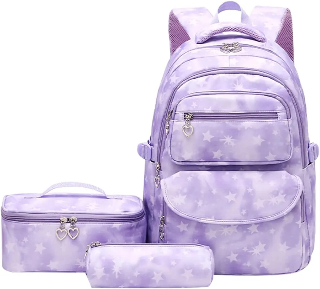 JiaYou School Backpack Sets 3pcs Stars Prints Daypack For Teens Girls Primary School Students(Purple Stars,22 Liters)