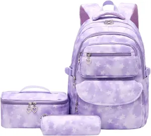 JiaYou School Backpack Sets 3pcs Stars Prints Daypack For Teens Girls Primary School Students(Purple Stars,22 Liters)