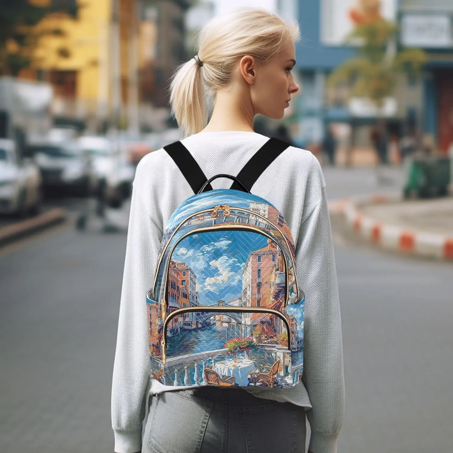 Joisal Venice Riverbank Cafe Backpack for Women Small Anti Theft Work Backpack Woman Medium Travel Bag