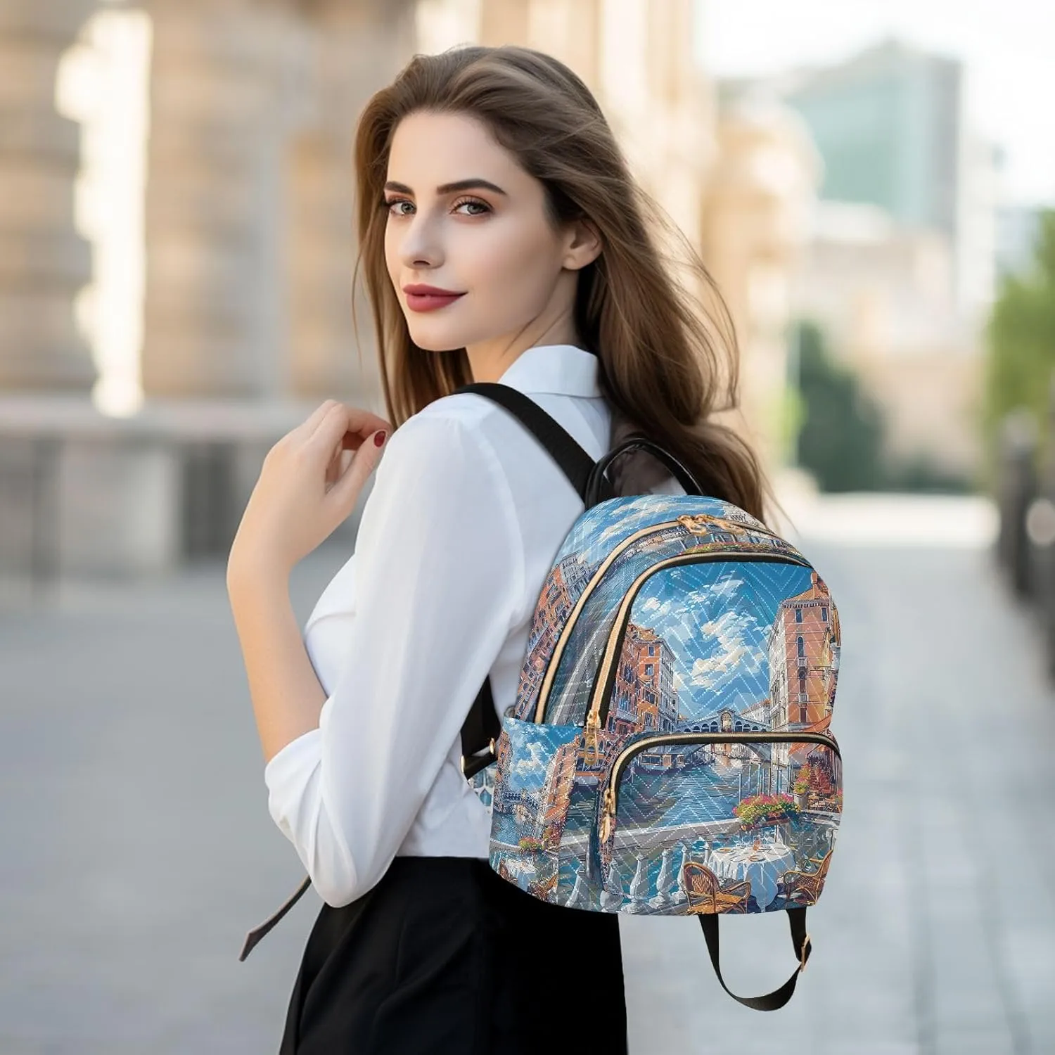 Joisal Venice Riverbank Cafe Backpack for Women Small Anti Theft Work Backpack Woman Medium Travel Bag