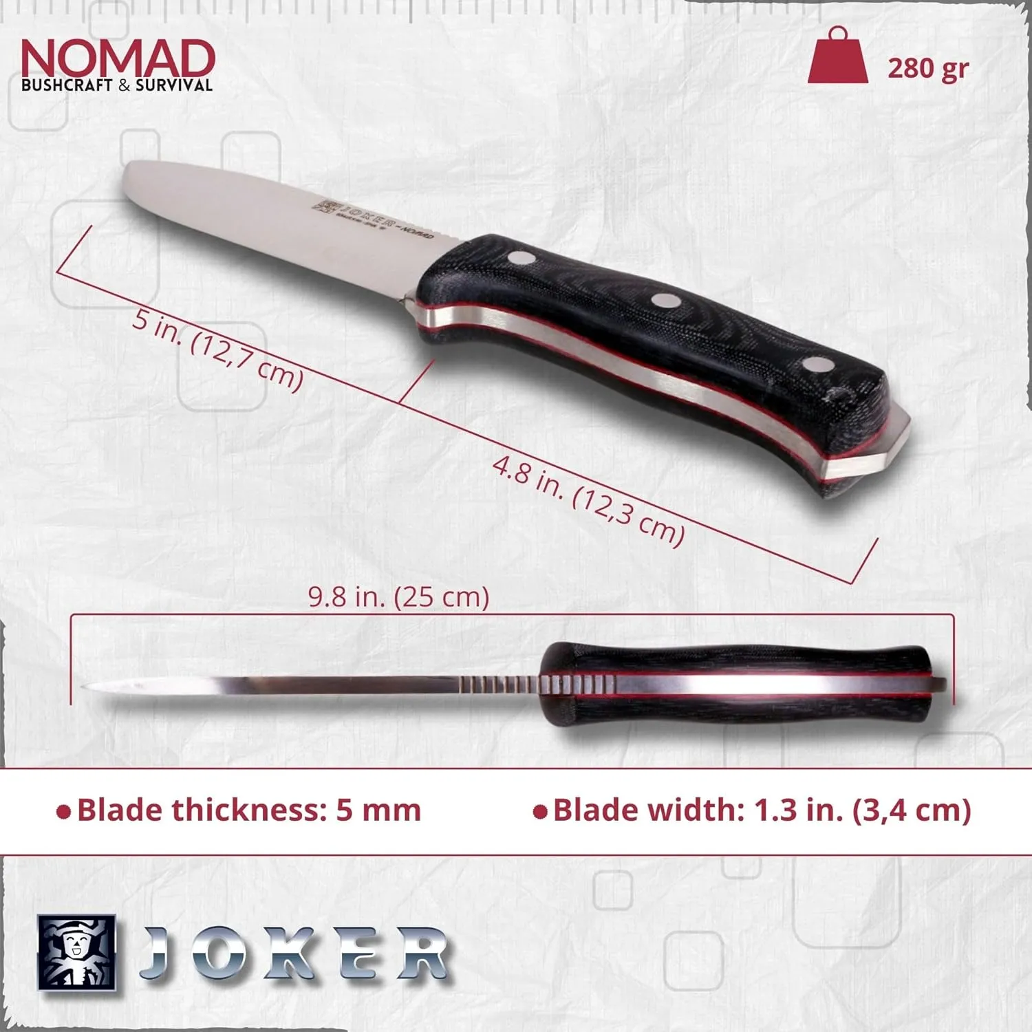 Joker Bushcraft Nomad knife CM125-P, 5 inches blade of Böhler N695 Steel, micarta canvas handle, black leather Sheath with Fire Starter, Tool for fishing, Hunting, camping and hiking