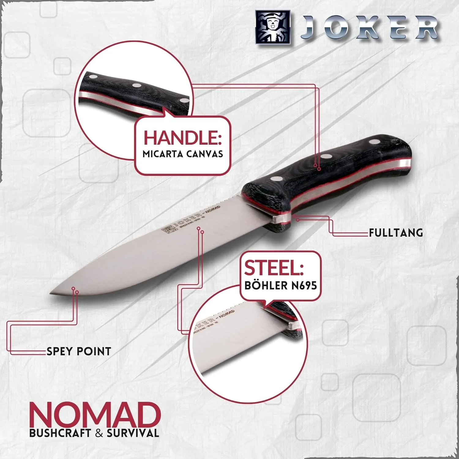 Joker Bushcraft Nomad knife CM125-P, 5 inches blade of Böhler N695 Steel, micarta canvas handle, black leather Sheath with Fire Starter, Tool for fishing, Hunting, camping and hiking