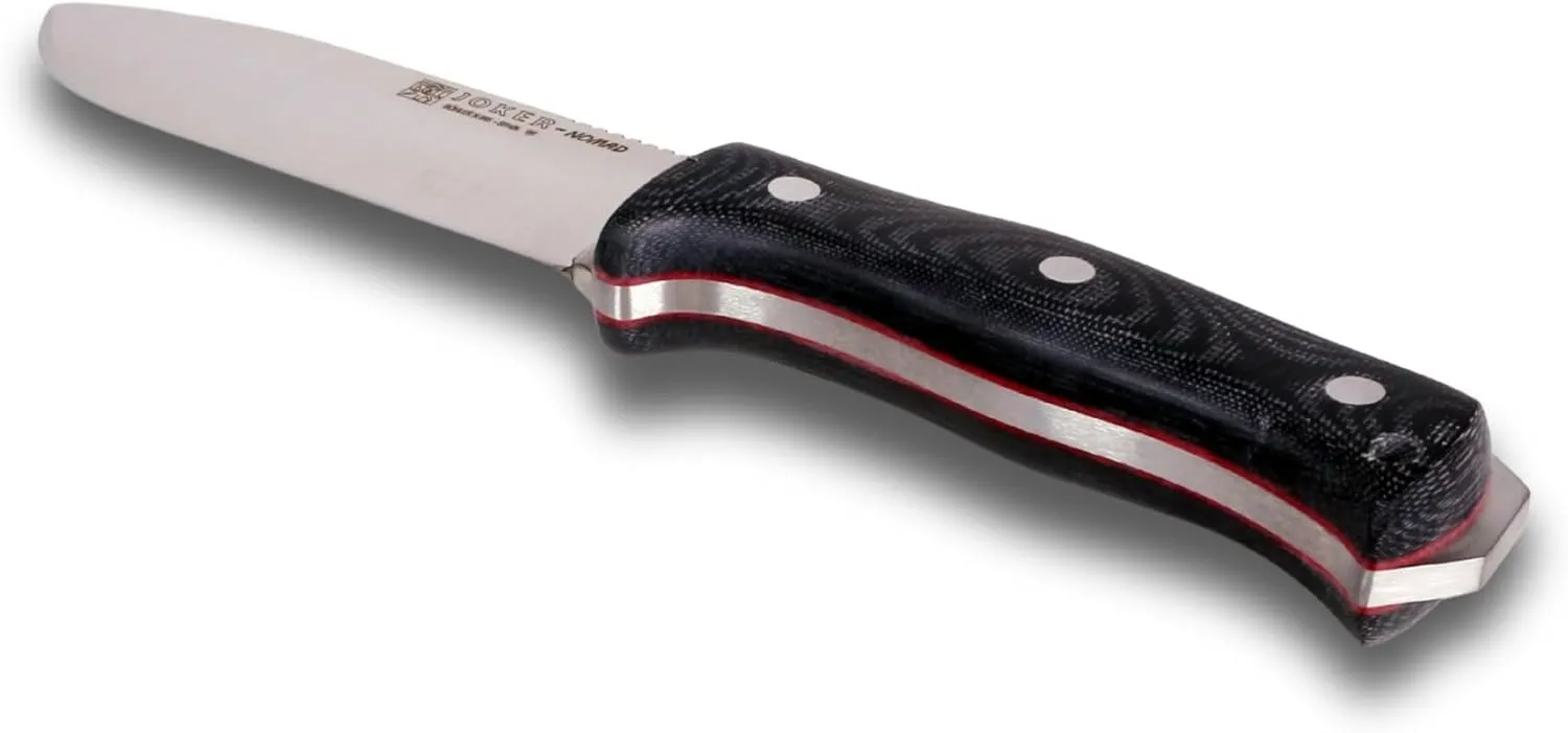 Joker Bushcraft Nomad knife CM125-P, 5 inches blade of Böhler N695 Steel, micarta canvas handle, black leather Sheath with Fire Starter, Tool for fishing, Hunting, camping and hiking