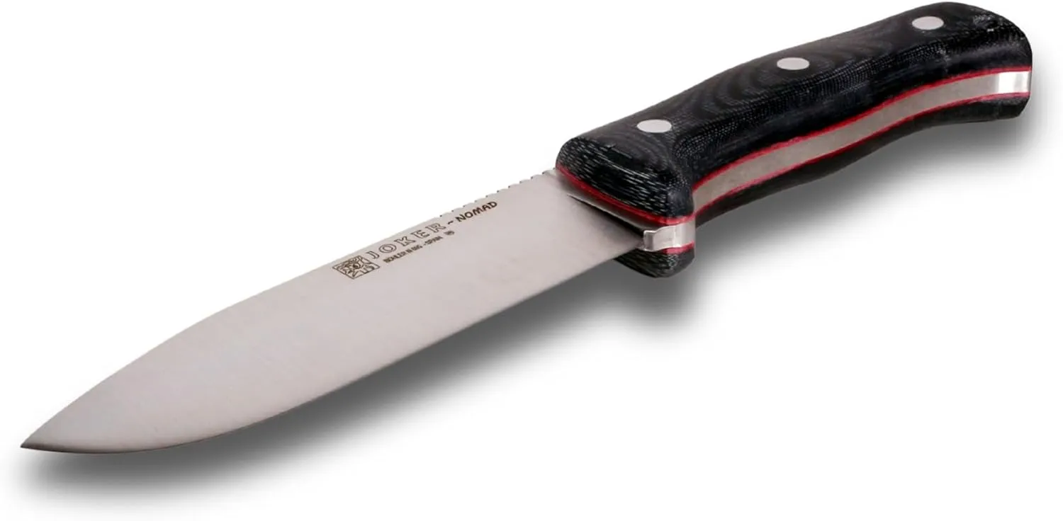 Joker Bushcraft Nomad knife CM125-P, 5 inches blade of Böhler N695 Steel, micarta canvas handle, black leather Sheath with Fire Starter, Tool for fishing, Hunting, camping and hiking