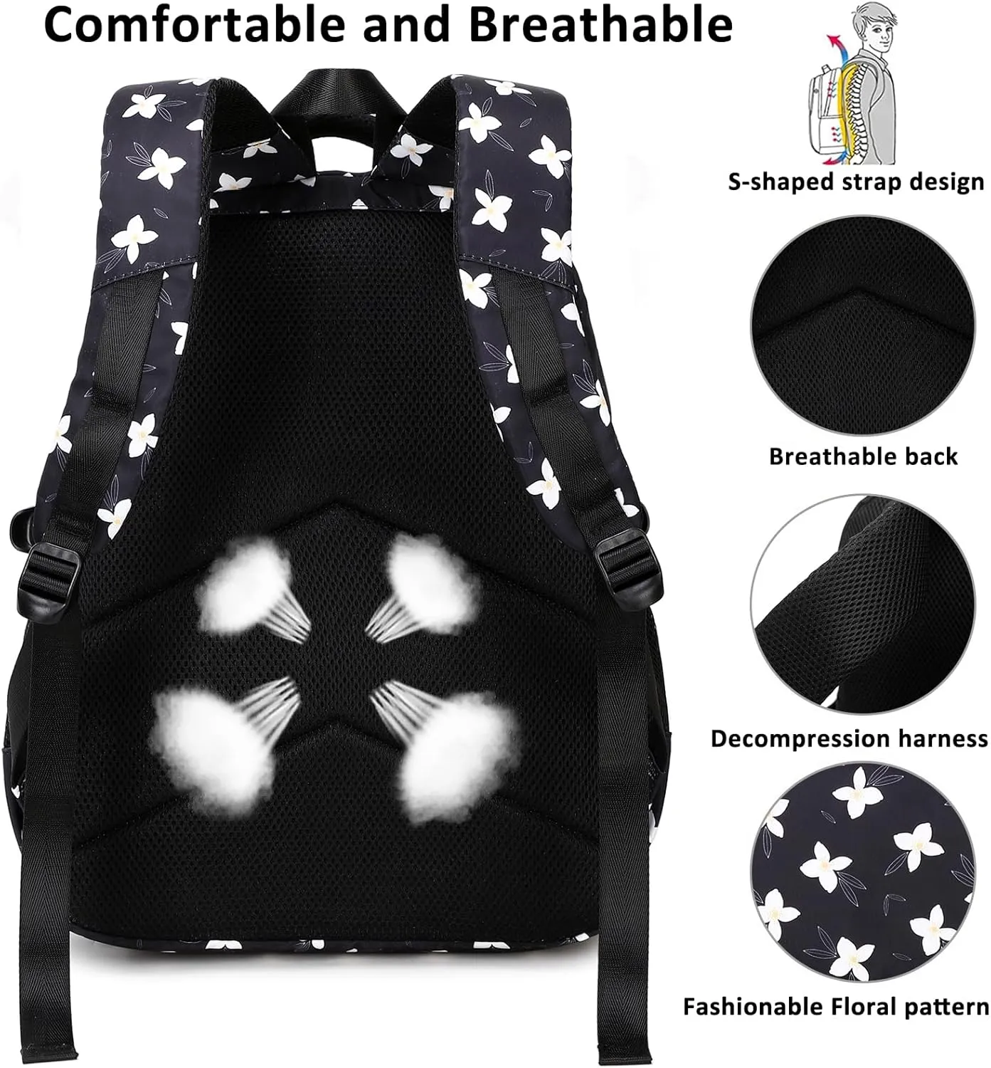 Joyfulife Girls Backpack with Lunch Box (Black), Large